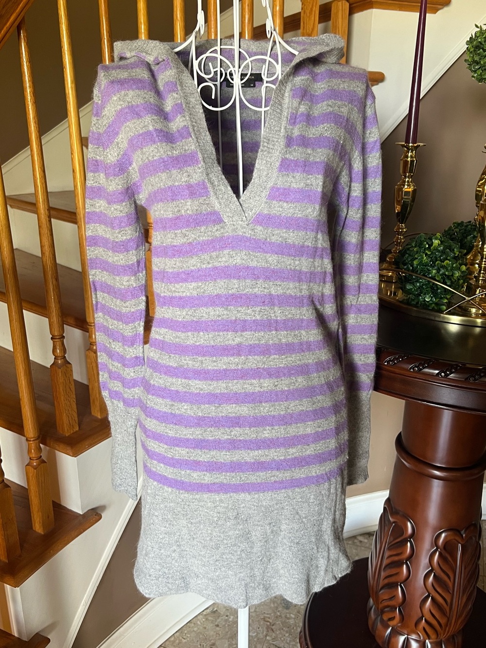 BcbgMaxazria Y2k Vtg Angora Wool Bedazzled Stripe Hoodie Sweater Mini Dress Sz M